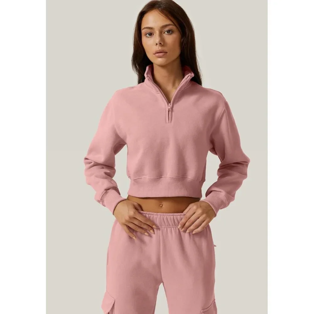 Womens Crop Sweatshirt Half Zip High Neck Long Sleeve Fleece Top
